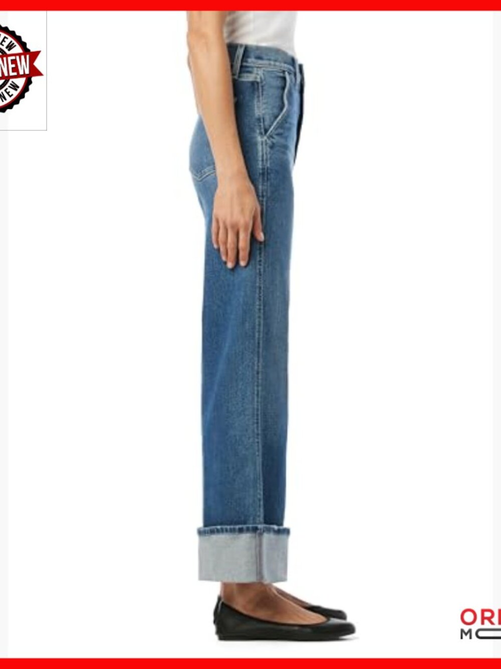 High Rise Wide Leg Denim Trousers with Slant Pockets and Cuffs - Picture 2 of 7